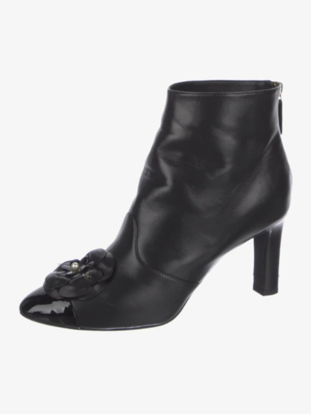 Chanel Leather Ankle Boots Womens Size 7.5 Black Interlocking CC Camellia Preppy